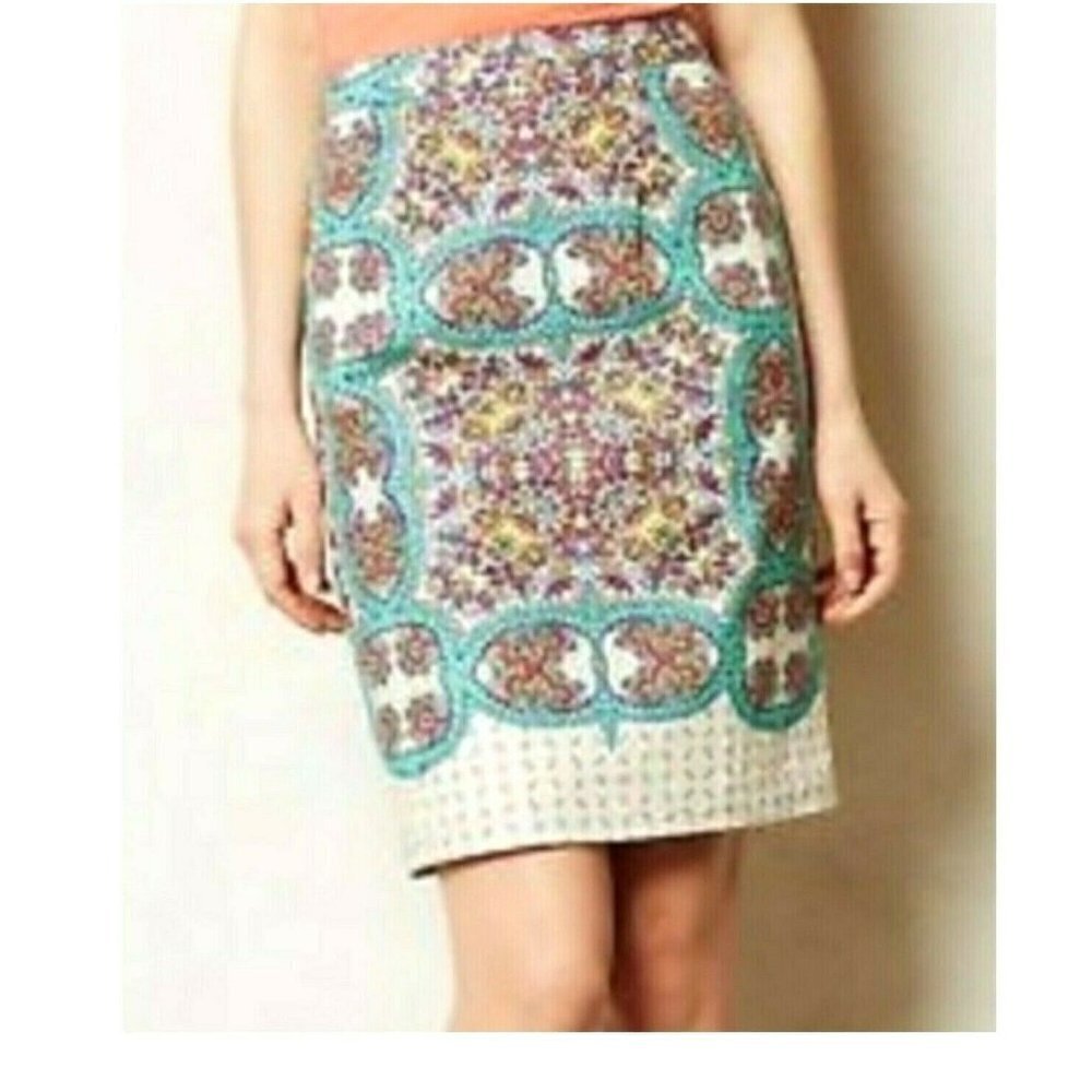 Anthropologie Maeve Mayola Pencil Skirt Linen Floral Paisley Multicolor 6